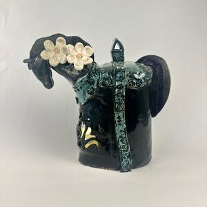 Ceramic Horse Reliquary Sculpture - Black and Teal